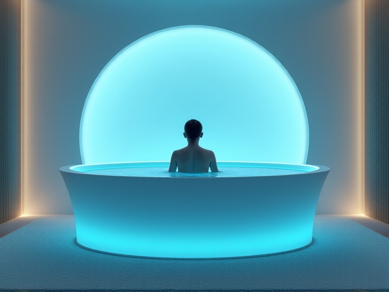 A modern floatation tank in a minimalist spa setting, with soft blue lighting and a tranquil atmosphere. The image conveys a sense of calm and relaxation, highlighting the therapeutic benefits of guided floatation sessions.